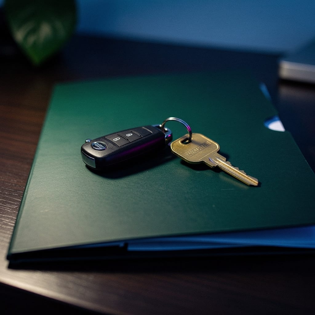 Car key and house key resting on a closed green folder, symbols of auto and home insurance clients