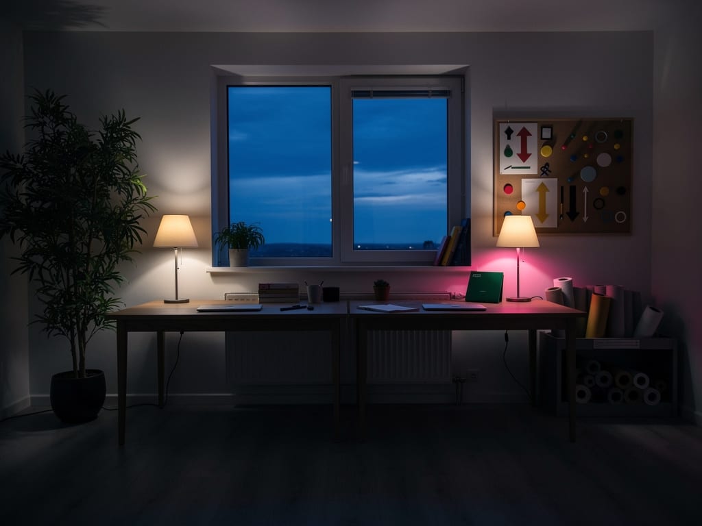 The agency's small house-office studio at night with two desks lit by lamps
