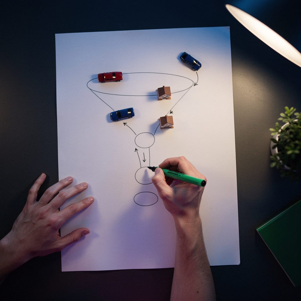 Hands sketching a customer-journey funnel for an insurance broker on large paper