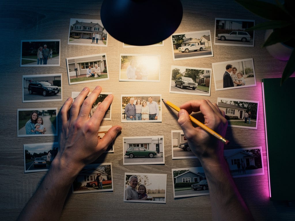 Two team members sorting printed campaign photos of insurance clients on a table